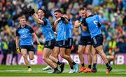 30 July 2023; Dublin players, from left, Cian Murphy, Brian Fenton, Niall Scully, Lorcan O'Dell, Con O'Callaghan and Brian Howard celebrate victory at the final whistle of the GAA Football All-Ireland Senior Championship final match between Dublin and Kerry at Croke Park in Dublin. Photo by Brendan Moran/Sportsfile