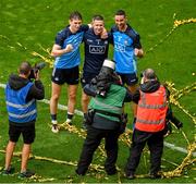 30 July 2023; Nine time All-Ireland winners, Michael Fitzsimons, left, Stephen Cluxton, and James McCarthy, celebrate after the GAA Football All-Ireland Senior Championship final match between Dublin and Kerry at Croke Park in Dublin. Photo by Daire Brennan/Sportsfile
