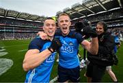 30 July 2023; Con O'Callaghan, left, and Paul Mannion of Dublin celebrate after the GAA Football All-Ireland Senior Championship final match between Dublin and Kerry at Croke Park in Dublin. Photo by David Fitzgerald/Sportsfile