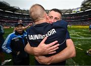 30 July 2023; Dublin manager Dessie Farrell celebrates with Cormac Costello after the GAA Football All-Ireland Senior Championship final match between Dublin and Kerry at Croke Park in Dublin. Photo by David Fitzgerald/Sportsfile