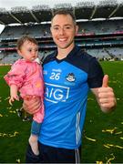 30 July 2023; Dean Rock of Dublin with his daughter Sadie after the GAA Football All-Ireland Senior Championship final match between Dublin and Kerry at Croke Park in Dublin. Photo by Ray McManus/Sportsfile