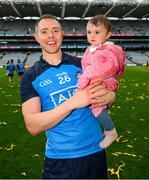 30 July 2023; Dean Rock of Dublin with his daughter Sadie after the GAA Football All-Ireland Senior Championship final match between Dublin and Kerry at Croke Park in Dublin. Photo by Ray McManus/Sportsfile