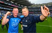 30 July 2023; Ciaran Kilkenny of Dublin with Dublin manager Dessie Farrell after the GAA Football All-Ireland Senior Championship final match between Dublin and Kerry at Croke Park in Dublin. Photo by Ray McManus/Sportsfile