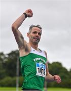 30 July 2023; Thomas Barr of Ferrybank AC, Waterford, celebrates after winning the men's 400m hurdles during day two of the 123.ie National Senior Outdoor Championships at Morton Stadium in Dublin. Photo by Sam Barnes/Sportsfile