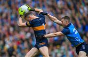 30 July 2023; Kerry goalkeeper Shane Ryan is tackled by Dean Rock of Dublin during the GAA Football All-Ireland Senior Championship final match between Dublin and Kerry at Croke Park in Dublin. Photo by Ray McManus/Sportsfile