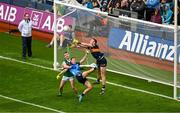 30 July 2023; Kerry goalkeeper Shane Ryan gets to the ball ahead of Cormac Costello of Dublin during the GAA Football All-Ireland Senior Championship final match between Dublin and Kerry at Croke Park in Dublin. Photo by Daire Brennan/Sportsfile