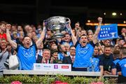 30 July 2023; Dublin players Ryan Basquel, left, and Colm Basquel lift the Sam Maguire Cup after their side's victory in the GAA Football All-Ireland Senior Championship final match between Dublin and Kerry at Croke Park in Dublin. Photo by Seb Daly/Sportsfile