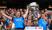 30 July 2023; Dublin players Paddy Small, left, and John Small lift the Sam Maguire Cup after their side's victory in the GAA Football All-Ireland Senior Championship final match between Dublin and Kerry at Croke Park in Dublin. Photo by Seb Daly/Sportsfile