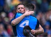 30 July 2023; Dublin players Stephen Cluxton, behind, and David Byrne celebrate after their side's victory in the GAA Football All-Ireland Senior Championship final match between Dublin and Kerry at Croke Park in Dublin. Photo by Piaras Ó Mídheach/Sportsfile