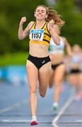 30 July 2023; Louise Shanahan of Leevale AC, Cork, celebrates her victory in the women's  800m during day two of the 123.ie National Senior Outdoor Championships at Morton Stadium in Dublin. Photo by Stephen Marken/Sportsfile