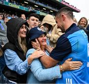 30 July 2023; James McCarthy of Dublin celebrates with his mother Marian and wife Clodagh after the GAA Football All-Ireland Senior Championship final match between Dublin and Kerry at Croke Park in Dublin. Photo by Brendan Moran/Sportsfile