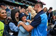 30 July 2023; James McCarthy of Dublin celebrates with his mother Marian, centre, and wife Clodagh, second from left, after the GAA Football All-Ireland Senior Championship final match between Dublin and Kerry at Croke Park in Dublin. Photo by Brendan Moran/Sportsfile