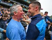 30 July 2023; James McCarthy of Dublin celebrates with his father and former Dublin footballer John McCarthy after the GAA Football All-Ireland Senior Championship final match between Dublin and Kerry at Croke Park in Dublin. Photo by Brendan Moran/Sportsfile