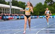 30 July 2023; Louise Shanahan of Leevale AC, Cork, celebrates winning the women's 800m during day two of the 123.ie National Senior Outdoor Championships at Morton Stadium in Dublin. Photo by Sam Barnes/Sportsfile