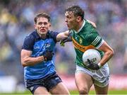 30 July 2023; David Clifford of Kerry in action against Michael Fitzsimons of Dublin during the GAA Football All-Ireland Senior Championship final match between Dublin and Kerry at Croke Park in Dublin. Photo by Piaras Ó Mídheach/Sportsfile
