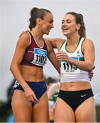 30 July 2023; Sharlene Mawdsley of Newport AC, Tipperary, left, is congratulated by Sophie Becker of Raheny Shamrocks AC, Dublin, after winning the women's 400m during day two of the 123.ie National Senior Outdoor Championships at Morton Stadium in Dublin. Photo by Sam Barnes/Sportsfile