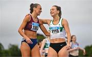 30 July 2023; Sharlene Mawdsley of Newport AC, Tipperary, left, is congratulated by Sophie Becker of Raheny Shamrocks AC, Dublin, after winning the women's 400m during day two of the 123.ie National Senior Outdoor Championships at Morton Stadium in Dublin. Photo by Sam Barnes/Sportsfile