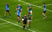 30 July 2023; David Clifford of Kerry protests to referee David Gough after receiving a yellow card during the GAA Football All-Ireland Senior Championship final match between Dublin and Kerry at Croke Park in Dublin. Photo by Daire Brennan/Sportsfile