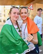 29 July 2023; Team Ireland athletes Leila Colfer, left, and Hollie Kilroe before the closing ceremony of the 2023 Summer European Youth Olympic Festival in Maribor, Slovenia. Photo by Tyler Miller/Sportsfile