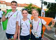 29 July 2023; Team Ireland athletes, from left, James Hickey, Maeve McGuinness and Mimi Moloney before the closing ceremony of the 2023 Summer European Youth Olympic Festival in Maribor, Slovenia. Photo by Tyler Miller/Sportsfile