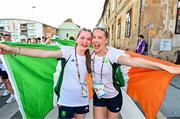 29 July 2023; Team Ireland athletes, Clodagh Gill, left, and Hollie Kilroe during the closing ceremony of the 2023 Summer European Youth Olympic Festival in Maribor, Slovenia. Photo by Tyler Miller/Sportsfile