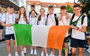 29 July 2023; Team Ireland athletes, from left, Oisin Lynch, Saoirse Fitzgerald, Cian Crampton, Nicole Dinan, Clodagh Gill, Sean Cronin, Seamus Clarke and Oisin McGloin before the closing ceremony of the 2023 Summer European Youth Olympic Festival in Maribor, Slovenia. Photo by Tyler Miller/Sportsfile