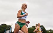30 July 2023; Sarah Lavin of Emerald AC, Limerick, after winning the women's 100m during day two of the 123.ie National Senior Outdoor Championships at Morton Stadium in Dublin. Photo by Sam Barnes/Sportsfile