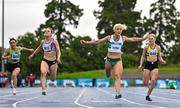 30 July 2023; Sarah Lavin of Emerald AC, Limerick, second from right, crosses the line to win the women's 100m during day two of the 123.ie National Senior Outdoor Championships at Morton Stadium in Dublin. Photo by Sam Barnes/Sportsfile