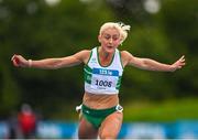 30 July 2023; Sarah Lavin of Emerald AC, Limerick, on her way to winning the women's 100m during day two of the 123.ie National Senior Outdoor Championships at Morton Stadium in Dublin. Photo by Stephen Marken/Sportsfile