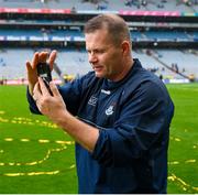30 July 2023; Dublin manager Dessie Farrell on a call after the GAA Football All-Ireland Senior Championship final match between Dublin and Kerry at Croke Park in Dublin. Photo by Ray McManus/Sportsfile