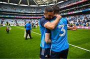 30 July 2023; James McCarthy, left, and Michael Fitzsimons of Dublin celebrate after the GAA Football All-Ireland Senior Championship final match between Dublin and Kerry at Croke Park in Dublin. Photo by Brendan Moran/Sportsfile