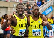 30 July 2023; Israel Olatunde of UCD AC, Dublin, left, and team-mate Bori Akinola, celebrate after finishing first and second respectively in the men's 100m during day two of the 123.ie National Senior Outdoor Championships at Morton Stadium in Dublin. Photo by Sam Barnes/Sportsfile