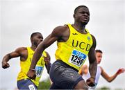 30 July 2023; Israel Olatunde of UCD AC, Dublin, celebrates after winning the men's 100m during day two of the 123.ie National Senior Outdoor Championships at Morton Stadium in Dublin. Photo by Sam Barnes/Sportsfile