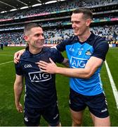 30 July 2023; Stephen Cluxton, left, and Brian Fenton of Dublin celebrate after the GAA Football All-Ireland Senior Championship final match between Dublin and Kerry at Croke Park in Dublin. Photo by David Fitzgerald/Sportsfile