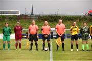 30 July 2023; Players and officials stand for the playing of Amhrán na bhFiann before the FAI Women's U19 Inter-League Cup match between North Tipperary Schoolchildrens Football League and Galway District League at Jackman Park in Limerick. Photo by Michael P Ryan/Sportsfile