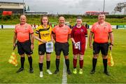 30 July 2023; Referee Ger O'Connor and his assistants with North Tipperary Schoolchildrens Football League captain Rebecca Shinnors, left, and Galway District League captain Niamh Donovan before the FAI Women's U19 Inter-League Cup match between North Tipperary Schoolchildrens Football League and Galway District League at Jackman Park in Limerick. Photo by Michael P Ryan/Sportsfile
