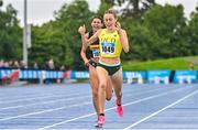 30 July 2023; Sarah Healy of UCD AC, Dublin, right, celebrates winning the women's 1500m ahead of Sophie O'Sullivan of Ballymore Cobh AC, Cork, during day two of the 123.ie National Senior Outdoor Championships at Morton Stadium in Dublin. Photo by Sam Barnes/Sportsfile