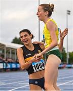 30 July 2023; Sarah Healy of UCD AC, Dublin, right, is congratulated by Sophie O'Sullivan of Ballymore Cobh AC, Cork, after winning the women's 1500m during day two of the 123.ie National Senior Outdoor Championships at Morton Stadium in Dublin. Photo by Sam Barnes/Sportsfile