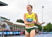 30 July 2023; Sarah Healy of UCD AC, Dublin, after winning the women's 1500m during day two of the 123.ie National Senior Outdoor Championships at Morton Stadium in Dublin. Photo by Sam Barnes/Sportsfile
