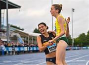 30 July 2023; Sarah Healy of UCD AC, Dublin, right, is congratulated by Sophie O'Sullivan of Ballymore Cobh AC, Cork, after winning the women's 1500m during day two of the 123.ie National Senior Outdoor Championships at Morton Stadium in Dublin. Photo by Sam Barnes/Sportsfile