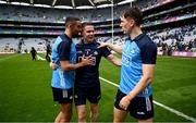 30 July 2023; Dublin players and record 9 time All-Ireland winning medallists, from left, captain James McCarthy, Stephen Cluxton and Michael Fitzsimons celebrate after the GAA Football All-Ireland Senior Championship final match between Dublin and Kerry at Croke Park in Dublin. Photo by Brendan Moran/Sportsfile