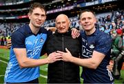 30 July 2023; Dublin players Michael Fitzsimons, left, and Stephen Cluxton with former Dublin player and selector Mickey Whelan after the GAA Football All-Ireland Senior Championship final match between Dublin and Kerry at Croke Park in Dublin. Photo by Brendan Moran/Sportsfile