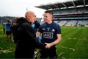 30 July 2023; Dublin goalkeeper Stephen Cluxton with former Dublin player and selector Mickey Whelan after the GAA Football All-Ireland Senior Championship final match between Dublin and Kerry at Croke Park in Dublin. Photo by Brendan Moran/Sportsfile