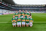 30 July 2023; The Kerry team, back row, left to right, Sophie Erangey, Scoil Naomh Micheál, Upper Glanmire, Cork, Caoimhe McMahon, Lissycasey NS, Ennis, Clare, Lauren Morley, Carnmore NS, Oranmore, Galway, Amelie O'Sullivan, Scoil Eoin, Baloonogh, Tralee, Kerry, Eimhear Bennett, St Paul's, Cabra, Down, front row, left to right, Aoife Hession, Gortskehy NS, Hollymount, Mayo, Juliet Tobin,  Killurney NS, Co Tipperary, Lily Stokes, Scoil Mhuire, Broadford, Limerick, Katy Ní Chnáimhsí, Scoil Mhuire, Doiri Beaga, Donegal, Bláithín Mallon, Moneynick PS, Randalstown, Antrim, ahead of the INTO Cumann na mBunscol GAA Respect Exhibition Go Games at the GAA Football All-Ireland Senior Championship final match between Dublin and Kerry at Croke Park in Dublin. Photo by Daire Brennan/Sportsfile