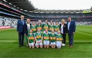 30 July 2023; The Kerry team, back row, left to right, Sophie Erangey, Scoil Naomh Micheál, Upper Glanmire, Cork, Caoimhe McMahon, Lissycasey NS, Ennis, Clare, Lauren Morley, Carnmore NS, Oranmore, Galway, Amelie O'Sullivan, Scoil Eoin, Baloonogh, Tralee, Kerry, Eimhear Bennett, St Paul's, Cabra, Down, front row, left to right, Aoife Hession, Gortskehy NS, Hollymount, Mayo, Juliet Tobin,  Killurney NS, Co Tipperary, Lily Stokes, Scoil Mhuire, Broadford, Limerick, Katy Ní Chnáimhsí, Scoil Mhuire, Doiri Beaga, Donegal, Bláithín Mallon, Moneynick PS, Randalstown, Antrim, with Uachtarán Chumann Lúthchleas Gael Larry McCarthy, INTO President Dorothy McGinley, Bernie Ryan of Cumann na mBunscol, and LGFA President Mícheál Naughton, ahead of the INTO Cumann na mBunscol GAA Respect Exhibition Go Games at the GAA Football All-Ireland Senior Championship final match between Dublin and Kerry at Croke Park in Dublin. Photo by Daire Brennan/Sportsfile