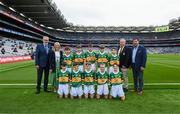 30 July 2023; The Kerry team, back row, left to right, Zachary Murphy McKeon, Scoil an Spioraid Naoimh, Cork, Hugo Farrell, Bornacoola NS, Carrick on Shannon, Leitrim, Donal McDermott, St Teresa's NS, Boyle, Roscommon, Rónán McGuinness, Scoil Ursula, Strandhill Road, Sligo, Neilan O'Sullivan, Trafrask NS, Beara, Cork, front row, left to right, Shea Henry, Holy Family PS, Magherafelt, Derry, Daithí Byrne, St Ailbe's NS, Emly, Tipperary, Jamie Hughes, Scoil Bhríde, Carrickmacross, Monaghan, Billy McElholm, Knocknagor PS, Trillick, Tyrone, Riley Boyle, Holy Trinity PS, Enniskillen, Fermanagh, with Uachtarán Chumann Lúthchleas Gael Larry McCarthy, INTO President Dorothy McGinley, Bernie Ryan/Tomás Ó hAiniféin of Cumann na mBunscol, and LGFA President Mícheál Naughton, ahead of the INTO Cumann na mBunscol GAA Respect Exhibition Go Games at the GAA Football All-Ireland Senior Championship final match between Dublin and Kerry at Croke Park in Dublin. Photo by Daire Brennan/Sportsfile