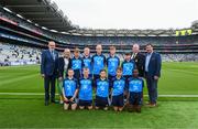 30 July 2023; The Dublin team, back row, left to right, Killian Raleigh, Scoil Mhuire, Mullingar, Westmeath, Jimmy Fleming, Holy Trinity SNS, Donaghmede, Dublin, Theo Duggan, St Mary's BNS, Rathfarnham, Dublin, Zach Healy, Sacred Heart NS, Clondalkin, Dublin, Sam Walsh, St Mary's Parish PS, Drogheda, Louth, front row, left to right, Ben Crowe, St Mochta's NS, Clonsilla, Dublin, Charlie Fogarty, Rathangan NS, Duncormick, Wexford, Noah Pender, St Declan's, Ashbourne, Meath, Joseph Tarmey, Lismore NS, Waterford, Mael O'Rock, Holy Family BNS, Askea, Carlow, with Uachtarán Chumann Lúthchleas Gael Larry McCarthy, INTO President Dorothy McGinley, Tomás Ó hAiniféin of Cumann na mBunscol, and LGFA President Mícheál Naughton, ahead of the INTO Cumann na mBunscol GAA Respect Exhibition Go Games at the GAA Football All-Ireland Senior Championship final match between Dublin and Kerry at Croke Park in Dublin. Photo by Daire Brennan/Sportsfile