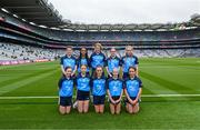 30 July 2023; The Dublin team, back row, left to right, Hannah O'Connor, Scoil Maelruain Senior, Tallaght, Dublin, Ciara Lane, Saint Attracta's Senior NS, Dundrum, Dublin, Ruth Feeney, Belgrove Girls NS, Clontarf, Dublin, Lana Comiskey, Holy Family NS, Rathcoole, Dublin, Ruth Feeney, Belgrove Girls NS, Clontarf, Dublin, front row, left to right, Lily Monahan, Scoil Naomh Iósaf, Baltinglass, Wicklow, Emily Lynam Carroll, St Mary's NS, Pullough, Offaly, Sophia Carey, Scoil Mhuire NS, Newtown-forbes, Longford, Hannah Luttrell, Presentation PS, Portarlington, Laois, Kerry Ward, St Teresa's PS, Mountnorris, Armagh, ahead of the INTO Cumann na mBunscol GAA Respect Exhibition Go Games at the GAA Football All-Ireland Senior Championship final match between Dublin and Kerry at Croke Park in Dublin. Photo by Daire Brennan/Sportsfile