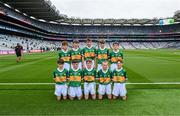 30 July 2023; The Kerry team, back row, left to right, Zachary Murphy McKeon, Scoil an Spioraid Naoimh, Cork, Hugo Farrell, Bornacoola NS, Carrick on Shannon, Leitrim, Donal McDermott, St Teresa's NS, Boyle, Roscommon, Rónán McGuinness, Scoil Ursula, Strandhill Road, Sligo, Neilan O'Sullivan, Trafrask NS, Beara, Cork, front row, left to right, Shea Henry, Holy Family PS, Magherafelt, Derry, Daithí Byrne, St Ailbe's NS, Emly, Tipperary, Jamie Hughes, Scoil Bhríde, Carrickmacross, Monaghan, Billy McElholm, Knocknagor PS, Trillick, Tyrone, Riley Boyle, Holy Trinity PS, Enniskillen, Fermanagh, ahead of the INTO Cumann na mBunscol GAA Respect Exhibition Go Games at the GAA Football All-Ireland Senior Championship final match between Dublin and Kerry at Croke Park in Dublin. Photo by Daire Brennan/Sportsfile