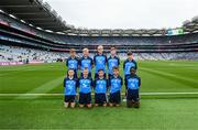 30 July 2023; The Dublin team, back row, left to right, Killian Raleigh, Scoil Mhuire, Mullingar, Westmeath, Jimmy Fleming, Holy Trinity SNS, Donaghmede, Dublin, Theo Duggan, St Mary's BNS, Rathfarnham, Dublin, Zach Healy, Sacred Heart NS, Clondalkin, Dublin, Sam Walsh, St Mary's Parish PS, Drogheda, Louth, front row, left to right, Ben Crowe, St Mochta's NS, Clonsilla, Dublin, Charlie Fogarty, Rathangan NS, Duncormick, Wexford, Noah Pender, St Declan's, Ashbourne, Meath, Joseph Tarmey, Lismore NS, Waterford, Mael O'Rock, Holy Family BNS, Askea, Carlow, ahead of the INTO Cumann na mBunscol GAA Respect Exhibition Go Games at the GAA Football All-Ireland Senior Championship final match between Dublin and Kerry at Croke Park in Dublin. Photo by Daire Brennan/Sportsfile